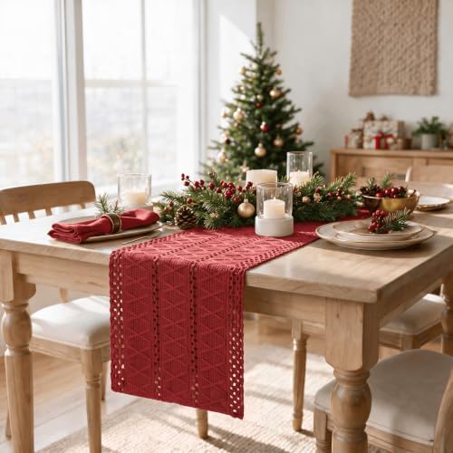 Artoid Mode Rose Red Woven Farmhouse Hollow Table Runner 12x120 Inch