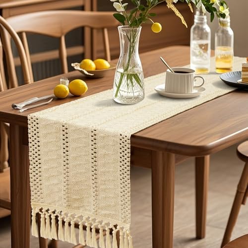 OTOSTAR Boho Table Runner Beige Macrame Table Runners with Tassels