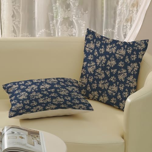 Spring Flower Pillow Covers 22x22 Chinoiserie Navy Blue Floral