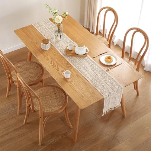 Gemseek 90 Inch Boho Crochet Table Runner, Beige Cotton Lace Table
