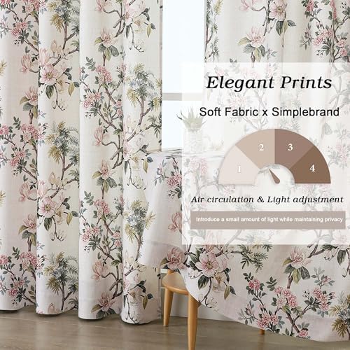 Simplebrand Natural Floral 120 Inch Curtains 2 Panels Set, Faux Linen