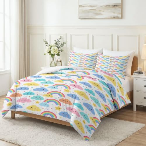 King Duvet Cover Set Soft Microfiber Childlike Fun Rainbow