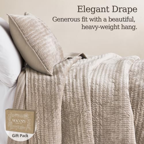 WDCOZY Velvet King Size Quilt Set - Beige Striped Pick Stitch Soft