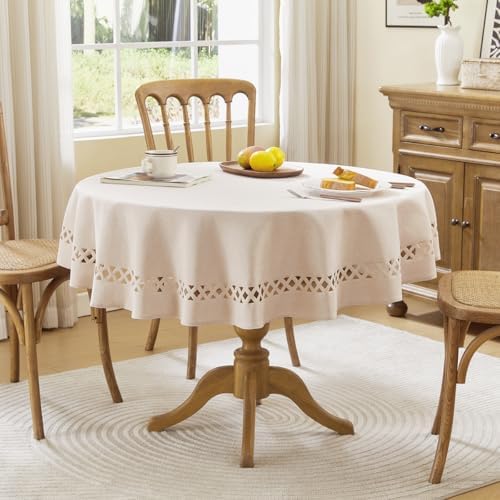 Beige Round Linen Tablecloth with Lattice Cutwork, 47 inch Round