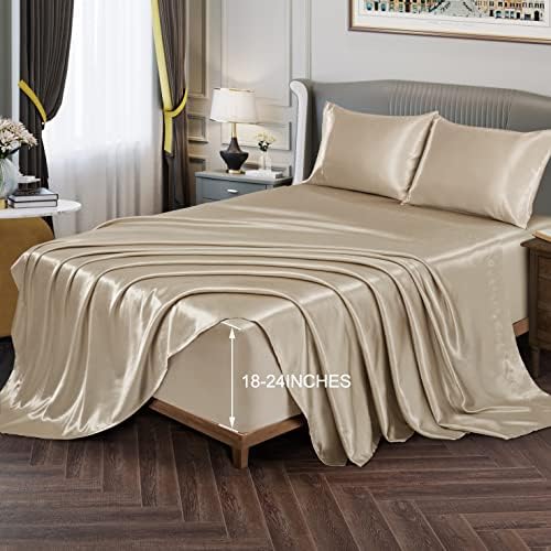 Vonty Taupe Satin Sheets Queen Extra Deep Pocket 18-24In 4PC