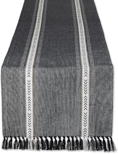 DII Textured Stripe Cotton Table Runner, 14x72 Black Fringed Farmhouse