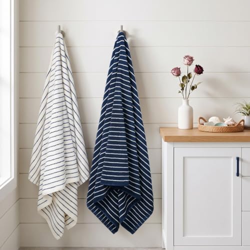 Navy Blue Bath Towels Set of 2, Striped Towels for Bathroom, Pool &