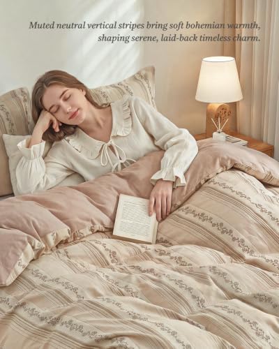 Bailix Floral Striped Duvet Cover Set Queen Size, 100% Washed Cotton