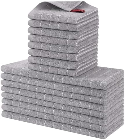 Homaxy Cotton Terry Kitchen Towels and Dishcloths Set of 16, Light