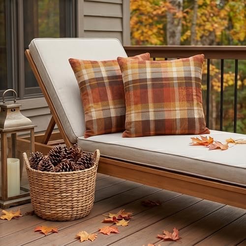 Fall Plaid Pillow Covers 22x22 Inch Orange Brown Checkered Throw
