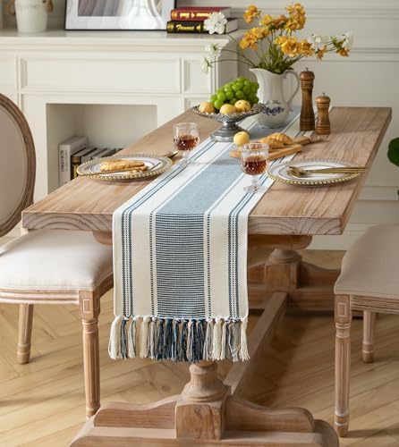 Caflife Boho Table Runner Blue and White for Modern Farmhouse