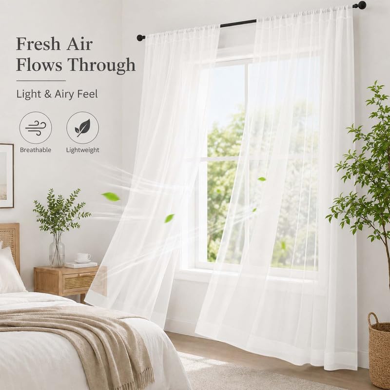 Simplebrand Ivory Sheer Long Curtains 96 Inches Long 2 Panels, 52 W x