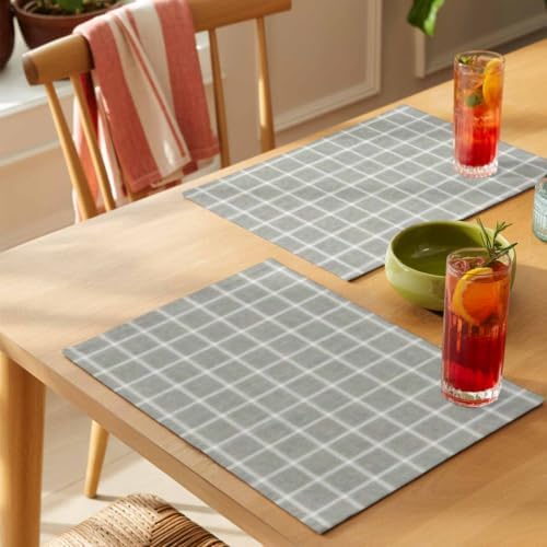 Grey Gingham Placemats Set of 8, Cotton Linen Fabric Place Mats
