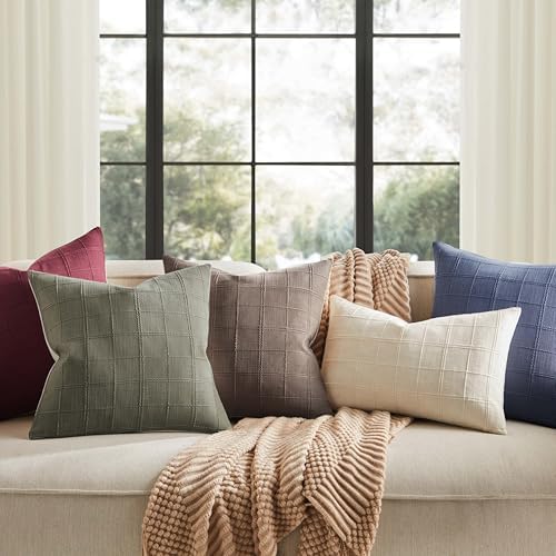 ZeeMart Linen Checked Throw Pillow Covers Set of 2, 22x22 Inch Cocoa