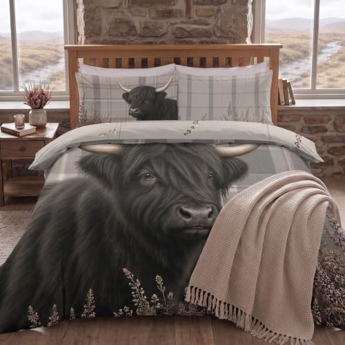 Highland Cow Duvet Cover Set King 104x90, Black Plaid Bedding