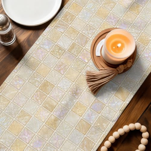 Beige Ivory Blocks Table Runner 72 inches Long Modern Abstract Art