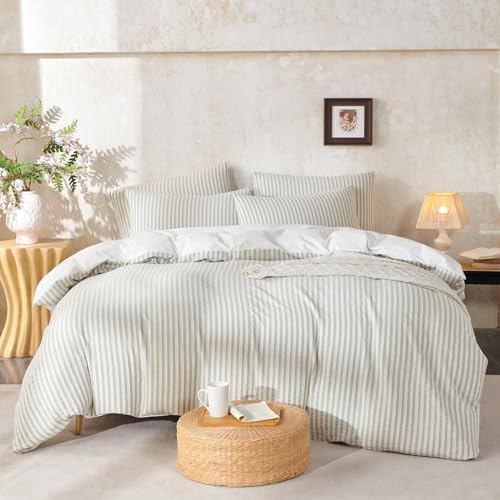 Duvet Cover Set Queen Striped Sage Green, 100% Washed Cotton Jacquard