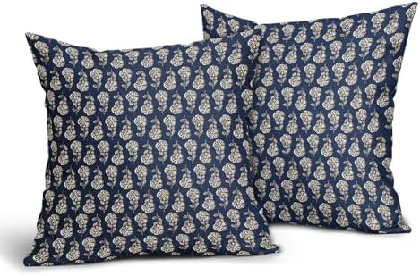 Navy Blue Floral Block Print Throw Pillow Covers 22x22 Inch Set of 2