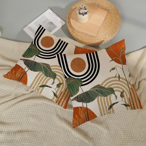 Boho Orange Pillow Covers 20x20 Set of 2 Gold Green Leaf Tropical Mid