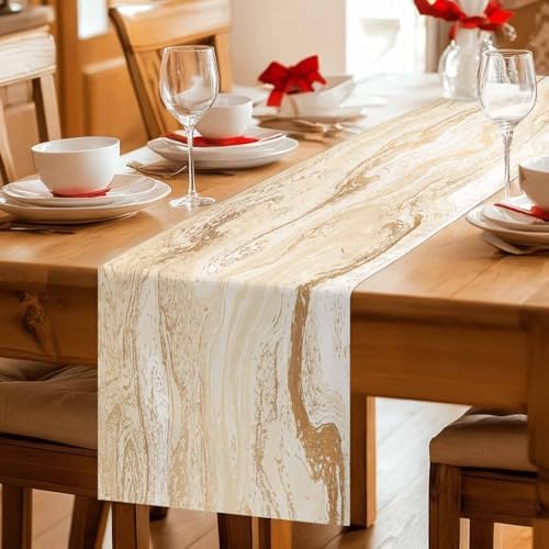 Beige Marble Burlap Cotton Table Runner 72 Inches Long, Chic Neutral