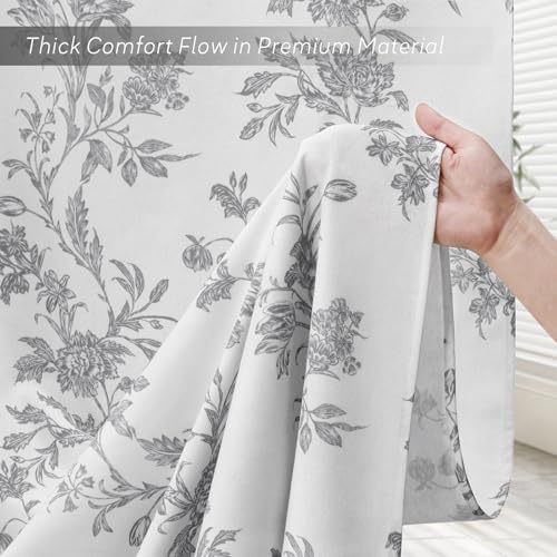Grey Floral Shower Curtain,Vintage Cotton Cottagecore Gray Shower