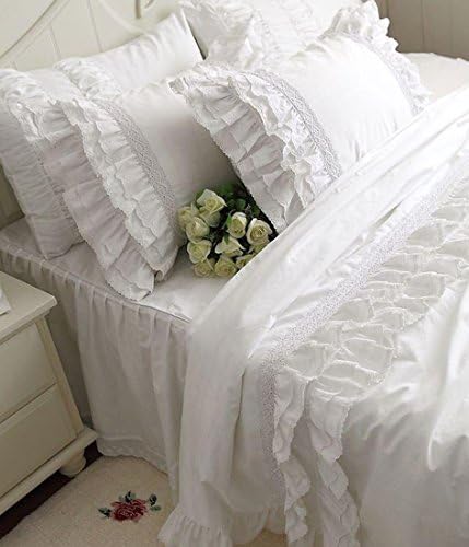 Ruffle Frill and Lace 100% Cotton White Duvet Cover Set (King)