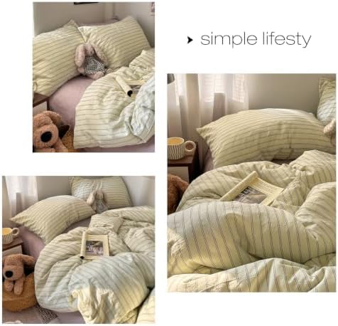 Vintage Striped Duvet Cover Queen Size 3Pcs Washed Cotton Retro