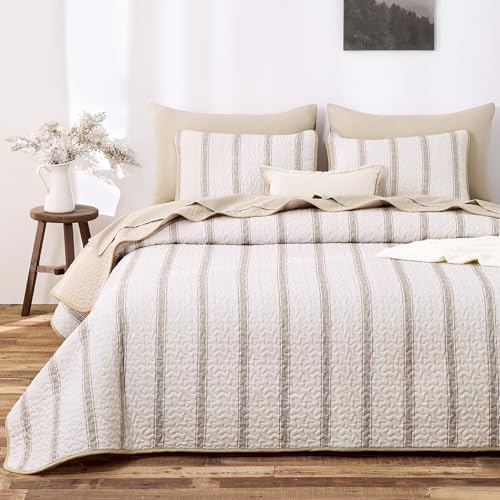 Wake In Cloud Striped Quilt Set, Taupe, King