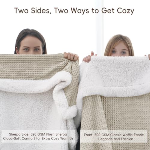 PHF Waffle Sherpa Blanket King Warm for Winter, 104"x90", Light Taupe