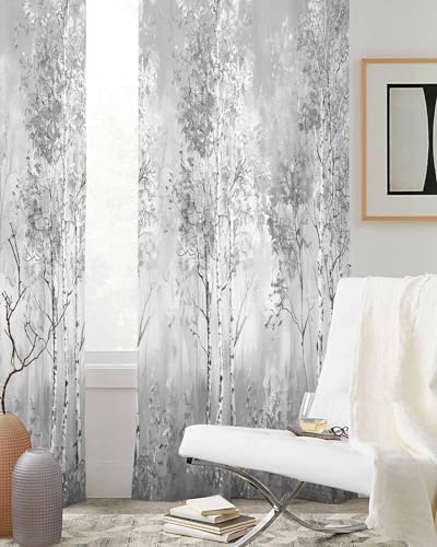 Grey Tree Sheer Curtains 63 Inch Length Grommet Semi Sheer Drapes for