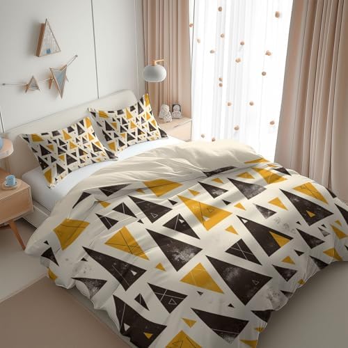 Beige Duvet Cover King Size Modern Geometric Yellow Reversible