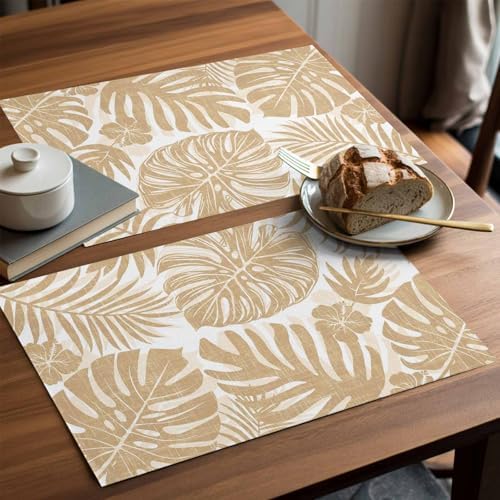 Placemats Set of 8, Sand Tan Monstera Woven Placemat, Linen Place Mats