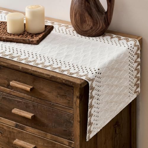 ZeeMart Macrame Side Trim Boho Woven Table Runner, Jute 12x108 Inch