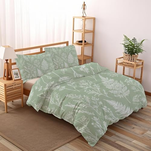 Sage Green Duvet Cover Queen Size, Botanical Bedding Set