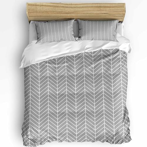 Duvet Cover Set Queen, Abstract Gray White Herringbone Texture 3 Piece