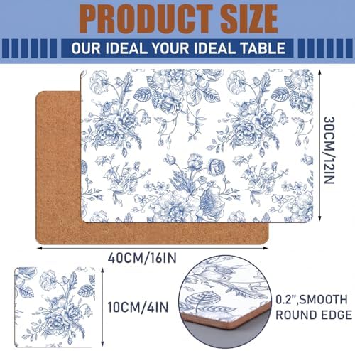 6 Sets Blue Floral Cork Placemats with 6 Coasters, 16x12 Inches Heat