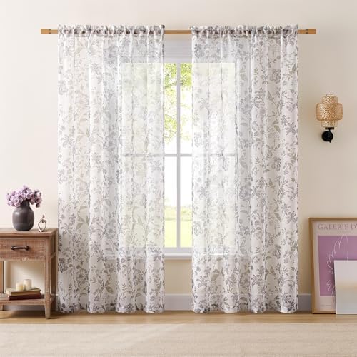 Gray Floral Sheer Curtains 63 Inch Length 2 Panels for Bedroom Rustic