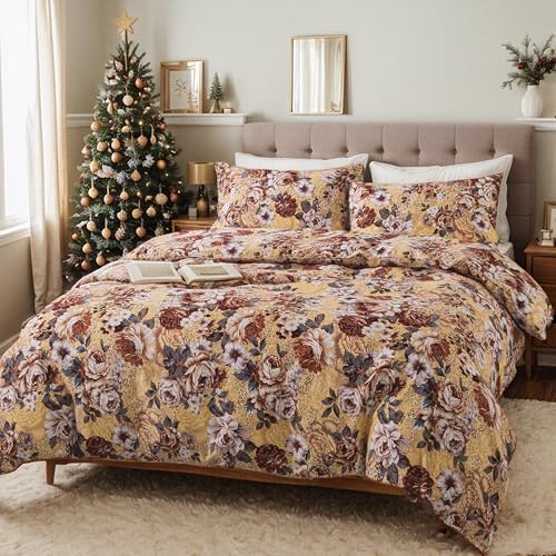 FADFAY Duvet Cover Set Queen Size 100% Brushed Cotton, Luxury Peony