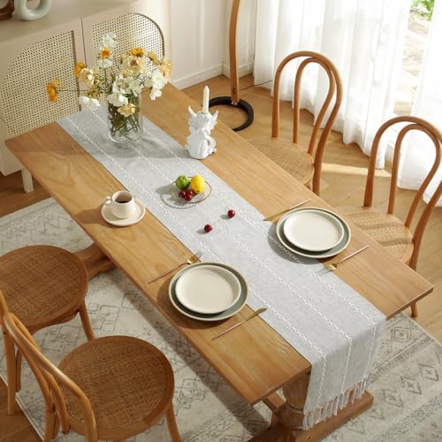 Wracra Rustic Linen Table Runner, Light Grey Table Runners 72 inches