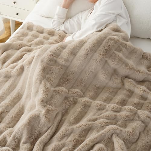 Battilo Tan Throw Blanket for Couch, Beige Fur Blanket, 50"x60"
