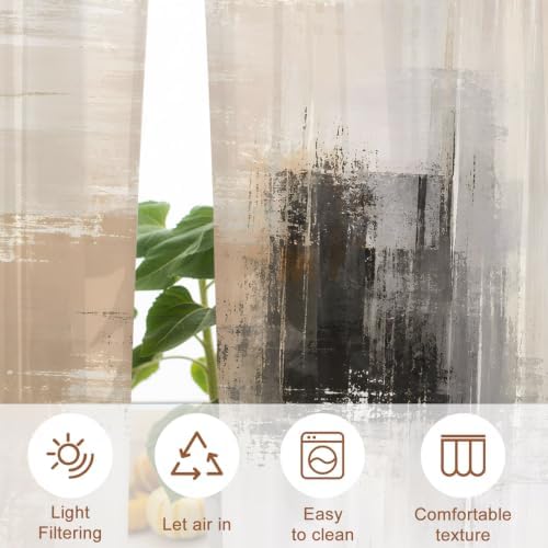 Brown Black Abstract Sheer Curtains 72 Inches Long, Modern Gradient