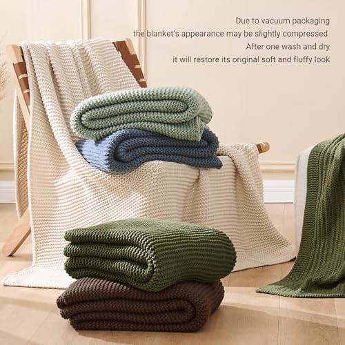 Beige Throw Blanket, Garter Knit, 50" x 60", Ivory Beige