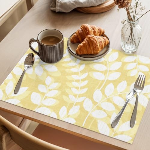 Placemats Set of 8, Pale Yellow Leaves Woven Placemat, Linen Place