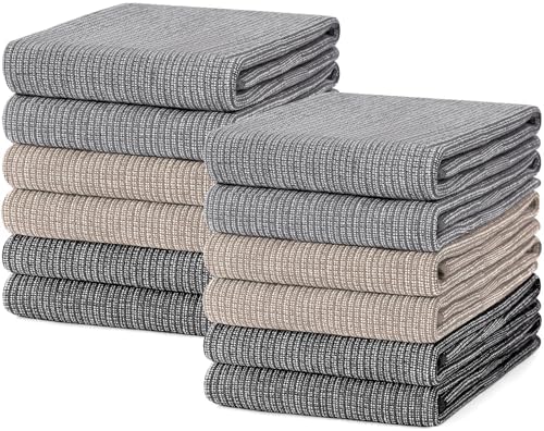 Mordimy Cotton Kitchen Towels (18"x 28", 12 Pack), Grey/Khaki/Black