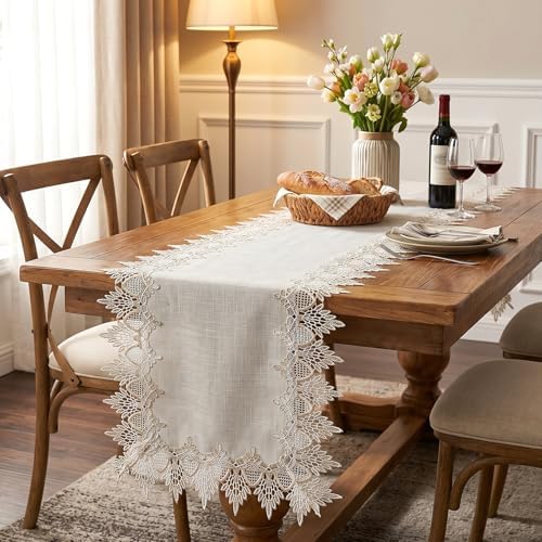 Natural Linen Table Runner, 36 inches Neutral Earth Tones Beige Lace