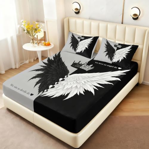 AILONEN Crowned Feather Wings Fitted Sheet Set Twin XL, Black White