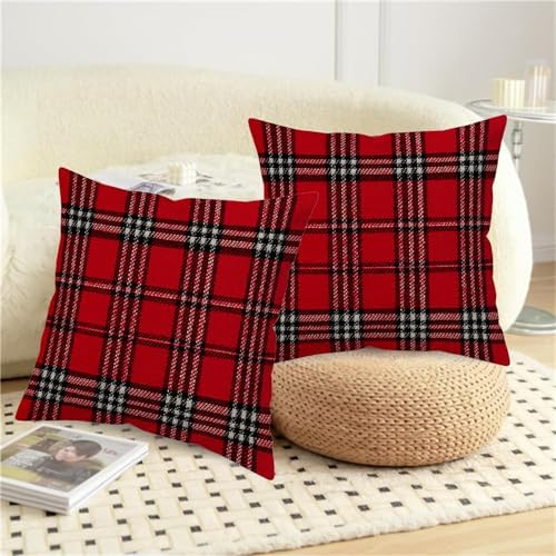 Set of 2 Red Black Buffalo Plaid Check Throw Pillow Covers 22x22 Inch