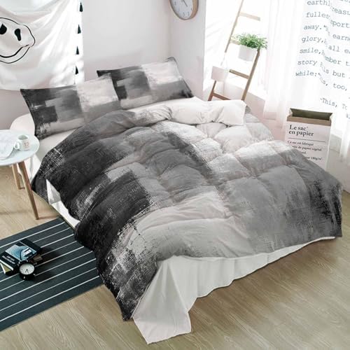 Duvet Cover Set Queen, Vintage Gray Color Block Texture 3 Piece