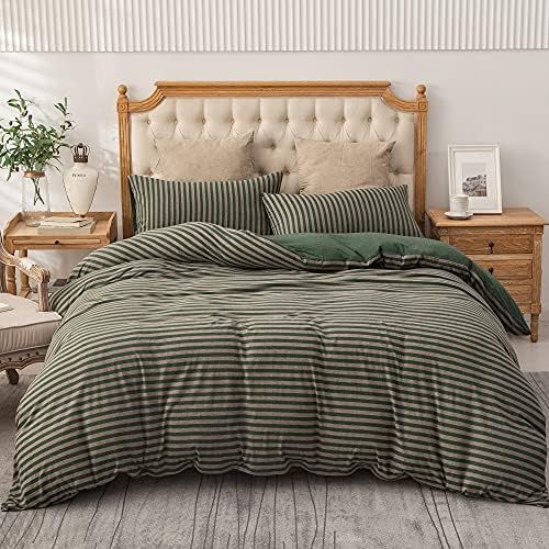 PURE ERA Jersey Duvet Cover Set Heather Forest Green Stripe California