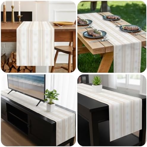 Beige Striped Table Runner 108 Inch Long Dresser Scarves Cotton Linen